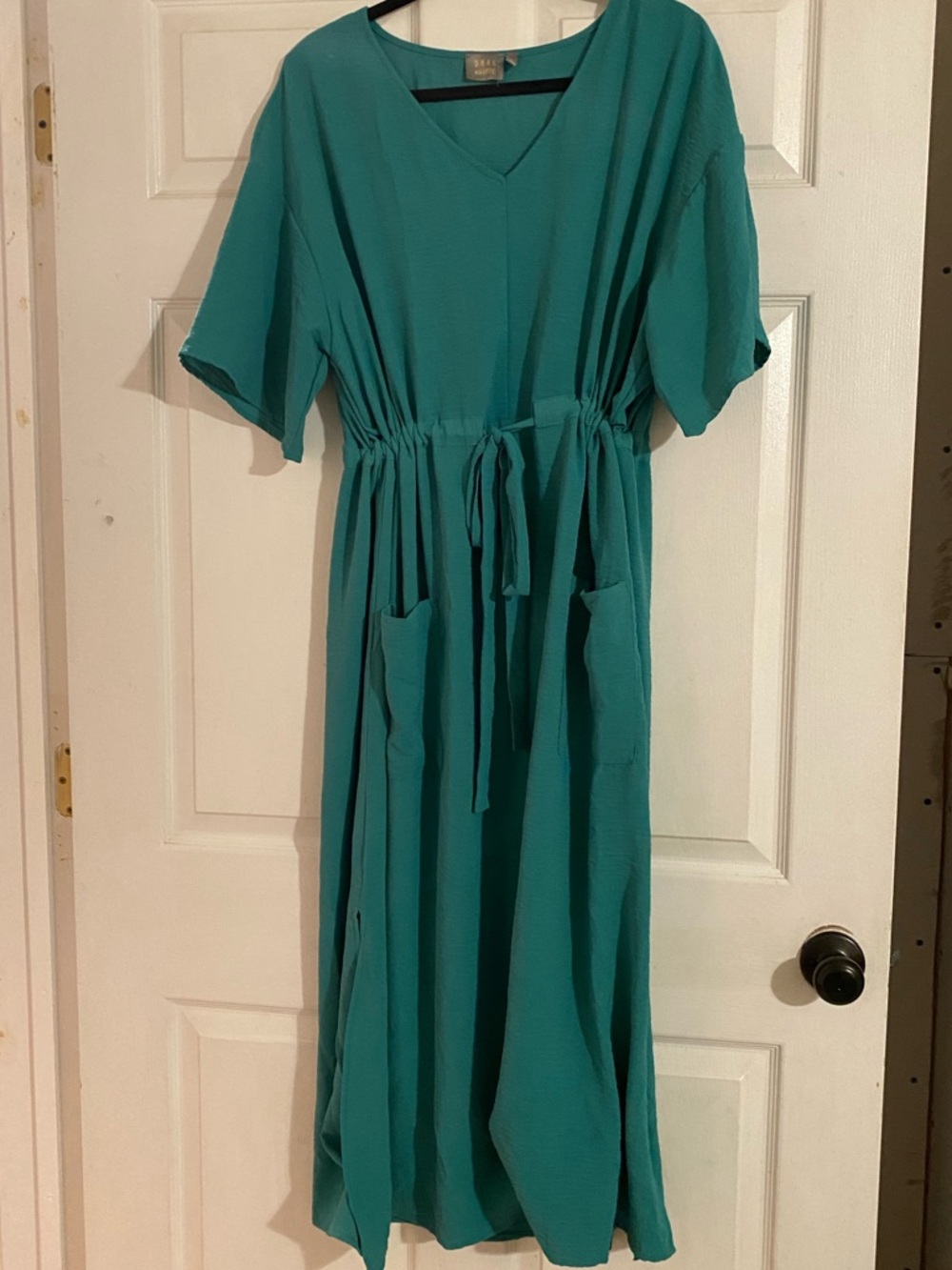 Women’s Teal V-Neck Drawstring Midi Dress